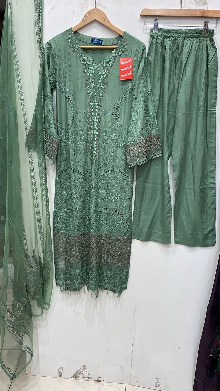 1173E - Green Embroidered Linen 3 Piece suit