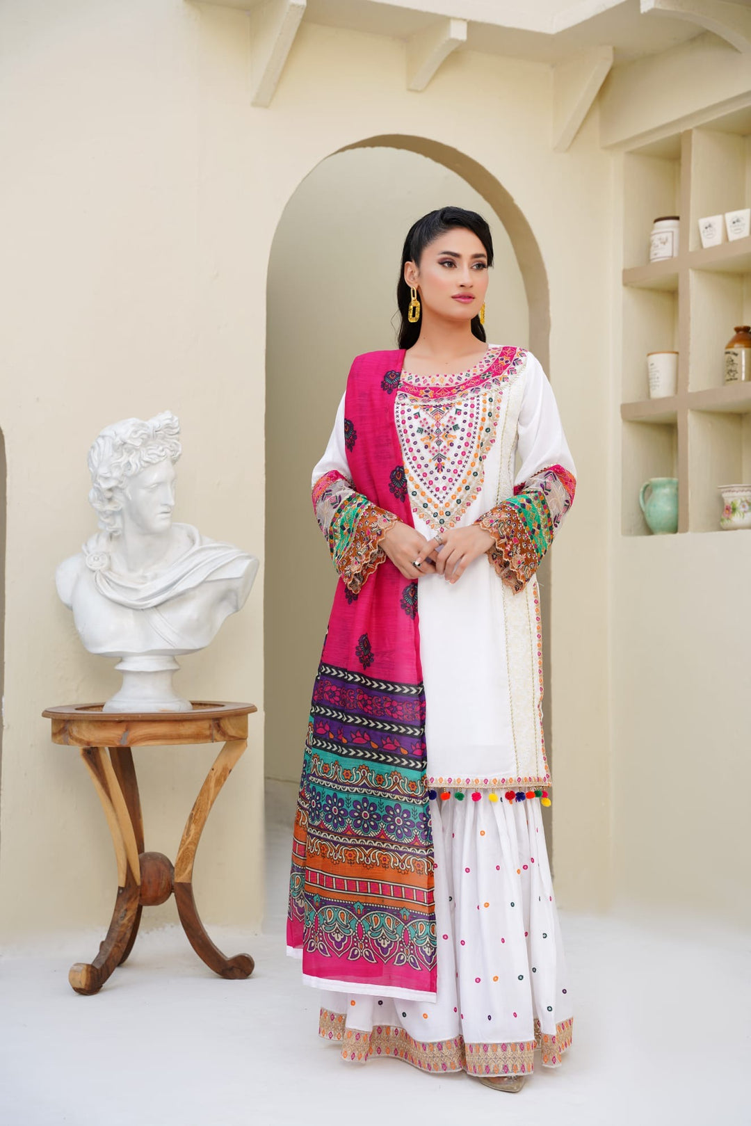 1169B -Embroidered Linen Cotton 3 Piece Gharara suit