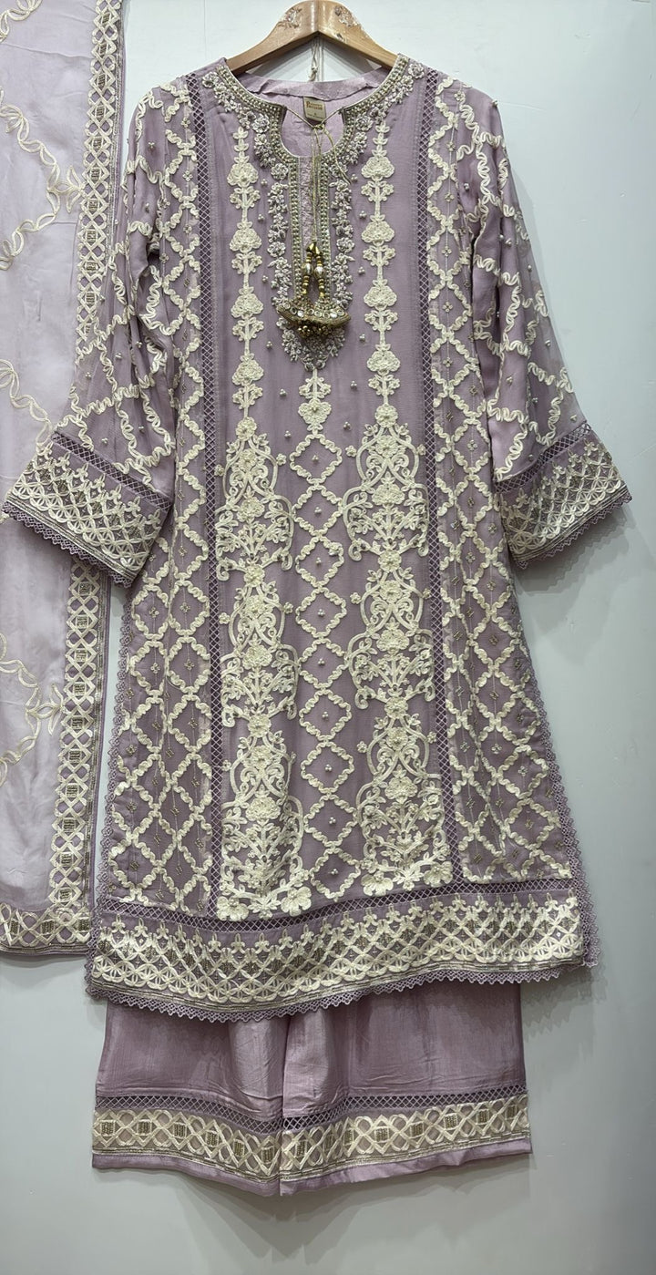 385A- PURPLE EMBROIDERED CHIFFON 3 PIECE SUIT