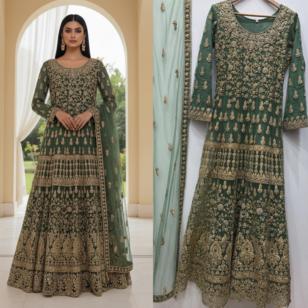 7013B- Embroidered & Embellished net long dress