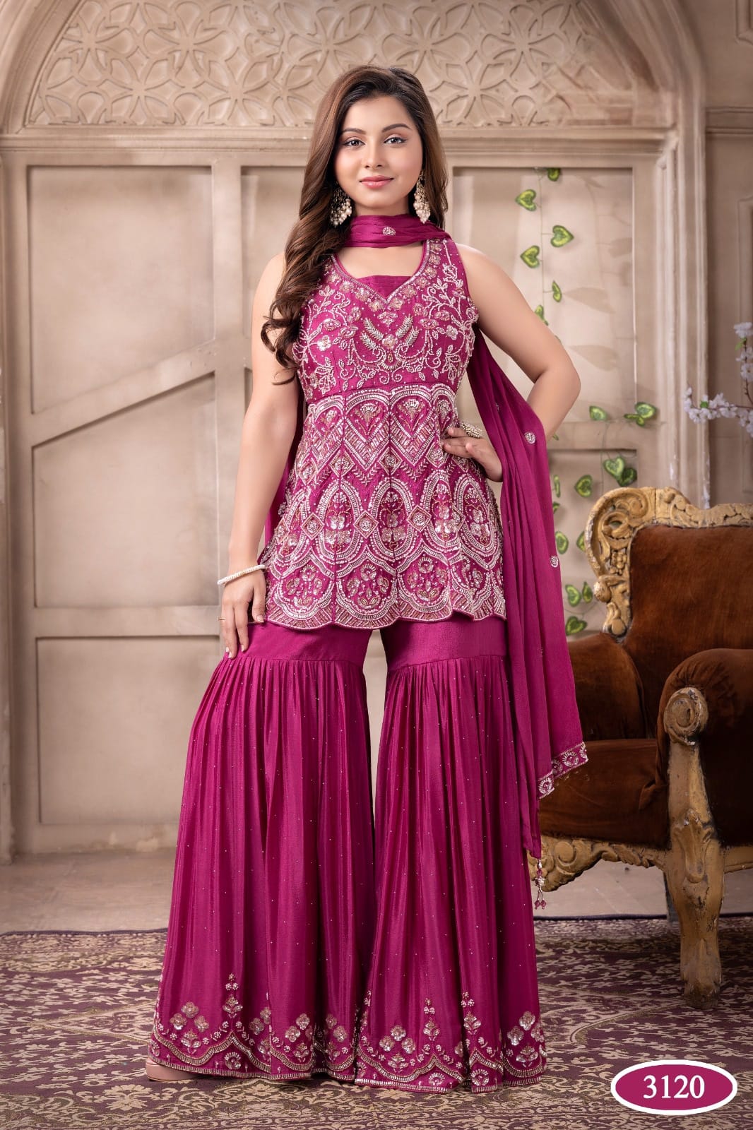 3120B - Girls’ magenta Embroidered Georgette Sharara dress
