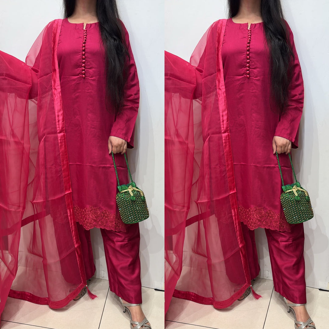 OLN5 - PINK LINEN EMBROIDERED 3 PIECE SUIT