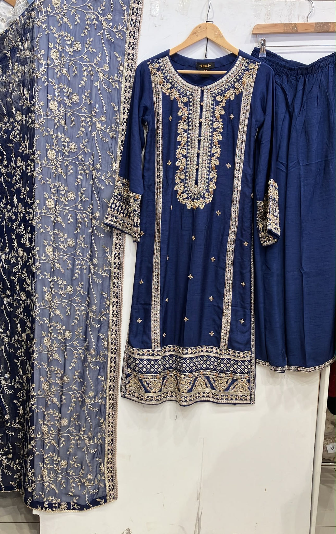 361- Blue Embroidered Silk 3 Piece Suit