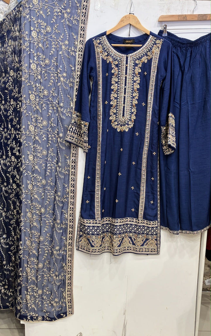 361- Blue Embroidered Silk 3 Piece Suit