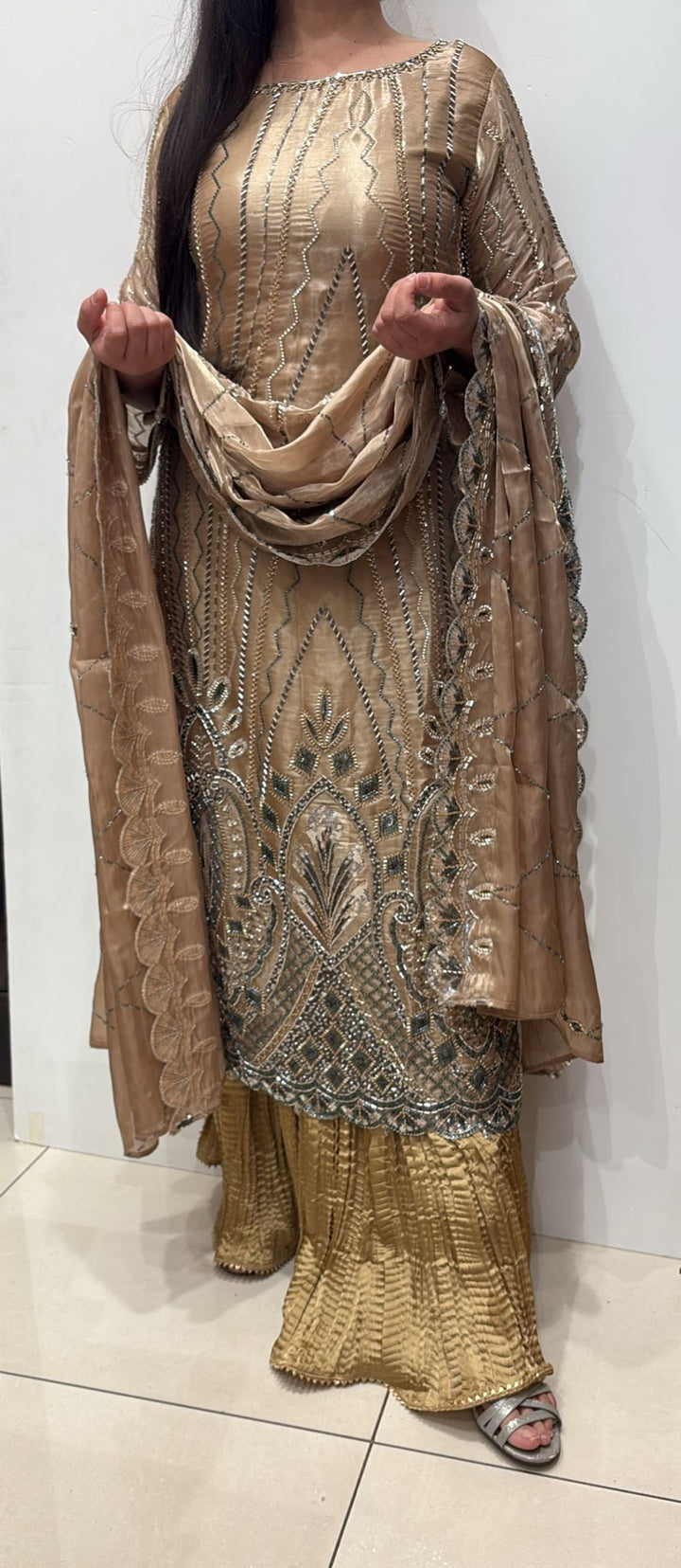 390M- BEIGE GOLD EMBROIDERED & EMBELLISHED SILK SUIT