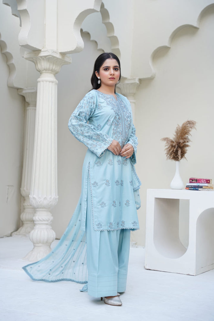 1164D- LIGHT BLUE LINEN EMBROIDERED 3 PIECE SUIT FARSHI SHALWAR