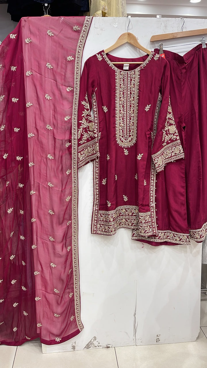 365A- Red Embroidered Silk 3 Piece Suit