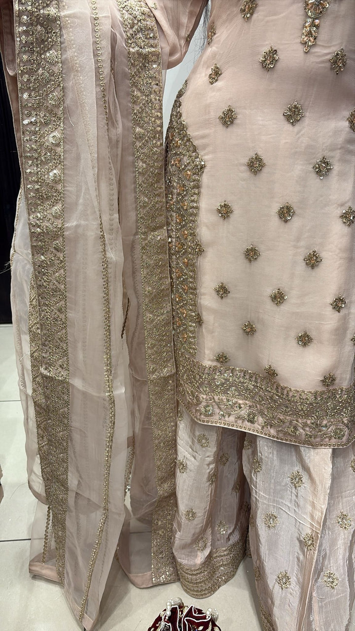 363A- PINK CHIFFON EMBROIDERED 3 PIECE SUIT