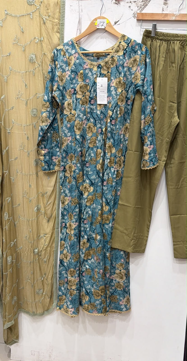 GS02 - Blue Floral Cotton Long Dress 3-Piece Pakistani suit