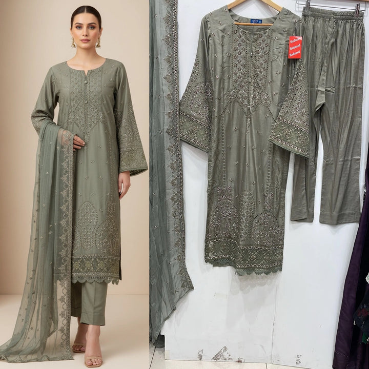 1174B - Grey Embroidered Linen 3 Piece suit