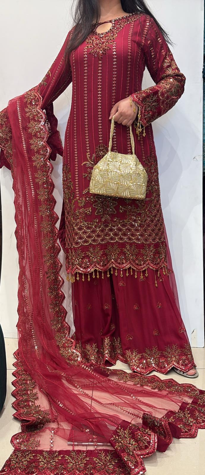 379A - EMBROIDERED CHIFFON SHARARA SUIT