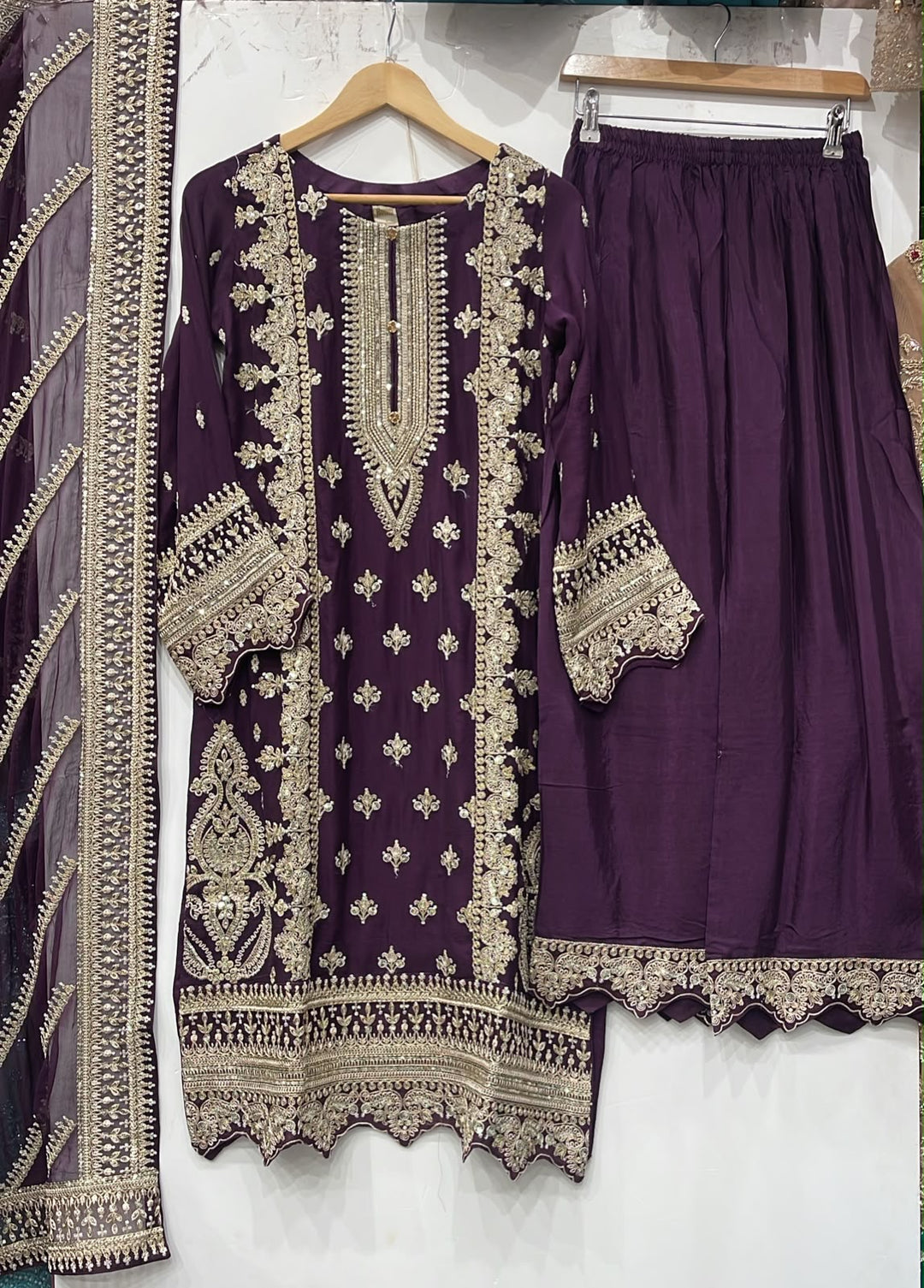 1961C Purple Embroidered Viscose Hand Work 3-Piece Suit - East meets west clothing 