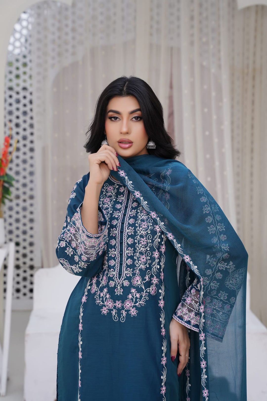 1172B - Teal Embroidered Linen 3 Piece suit
