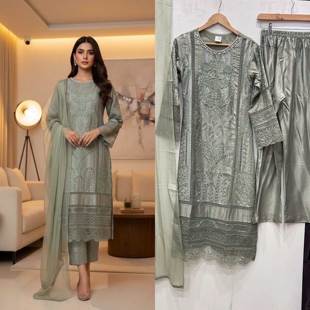 1184C - Sage Grey Embroidered Viscose 3 Piece suit