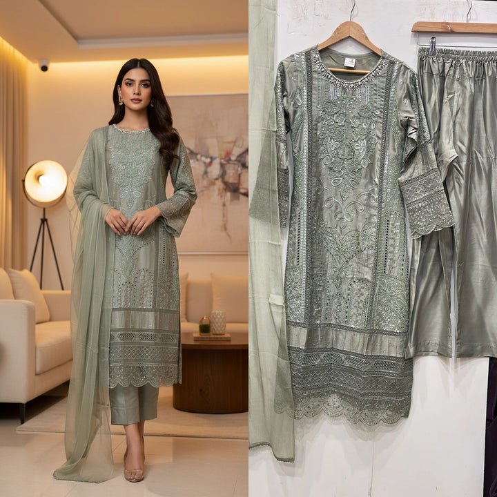 1184C - Sage Grey Embroidered Viscose 3 Piece suit