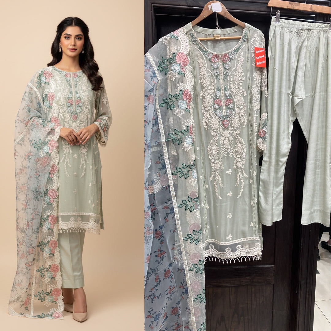 LIGHT GREEN EMBROIDERED CHIFFON 3 PIECE SUIT 228D - East meets west clothing 