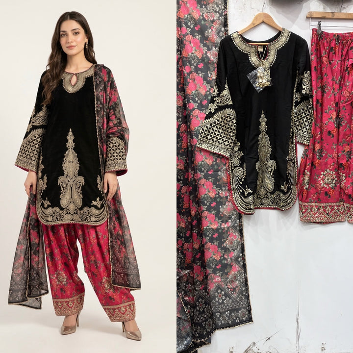 378C Black Embroidered Viscose Pakistani Shalwar Suit - East meets west clothing 