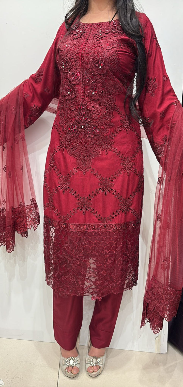 74C - Maria b inspired Red Embroidered Linen suit