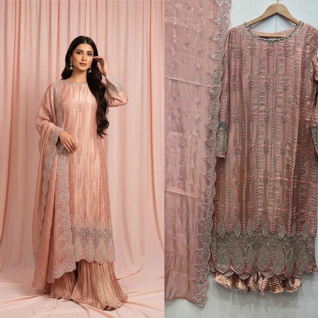 390A - PEACH EMBROIDERED & EMBELLISHED SILK SUIT