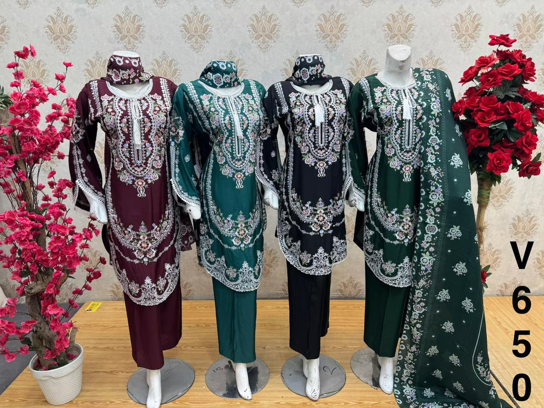 V650 EMBROIDERED CHIFFON 3 PIECE SUIT
