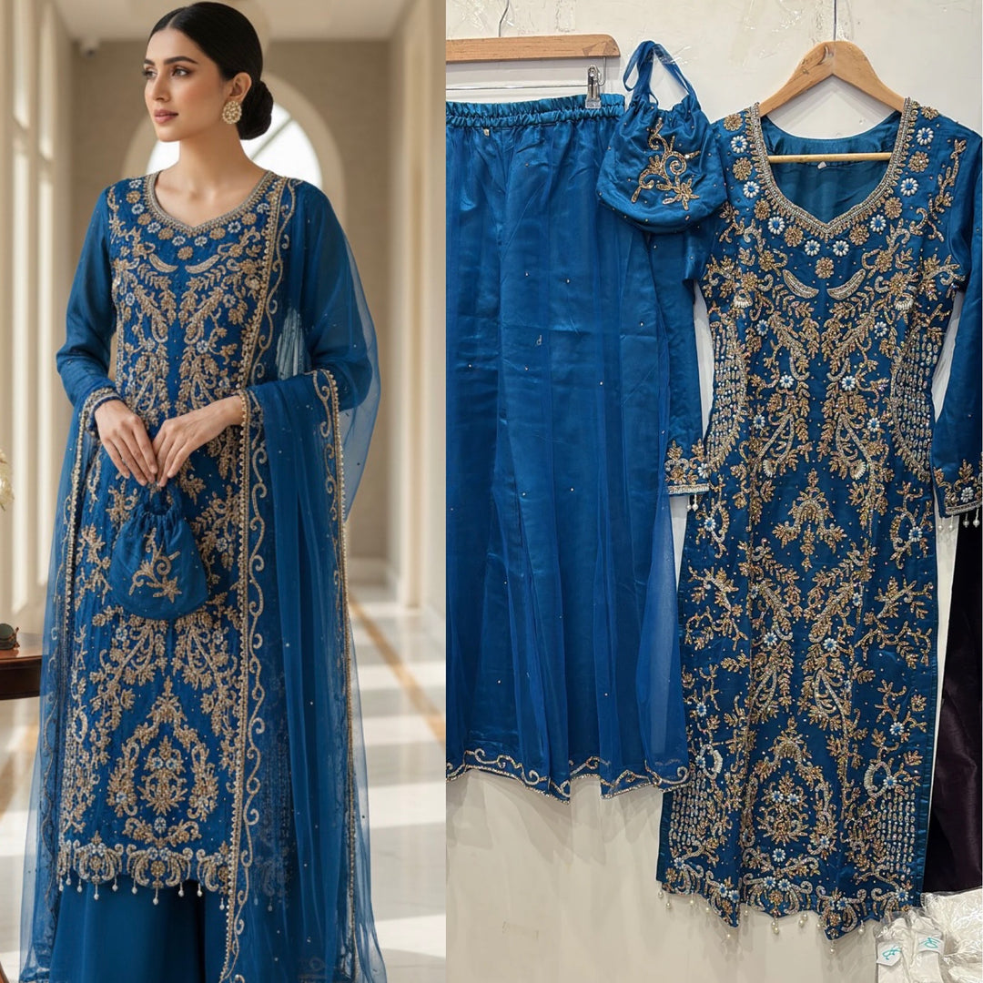 0173A- BLUE EMBROIDERED SHARARA SUIT