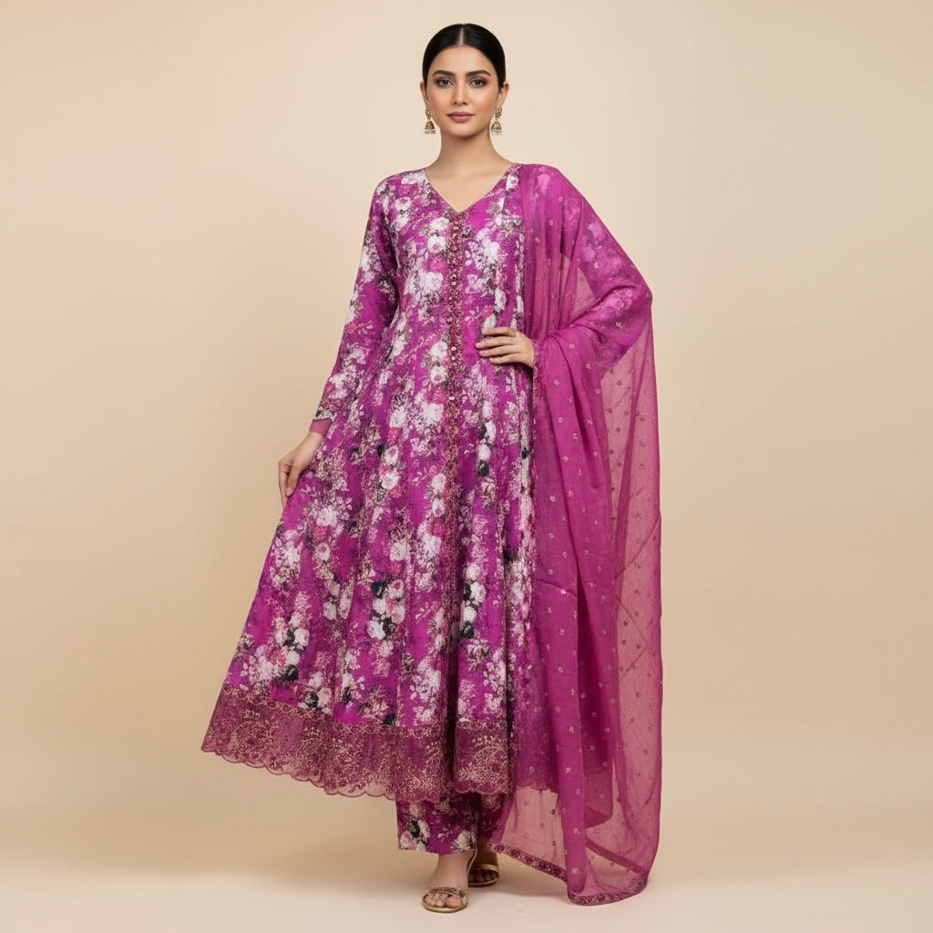 ZC2825A - Purple Embroidered Cotton 3 Piece suit