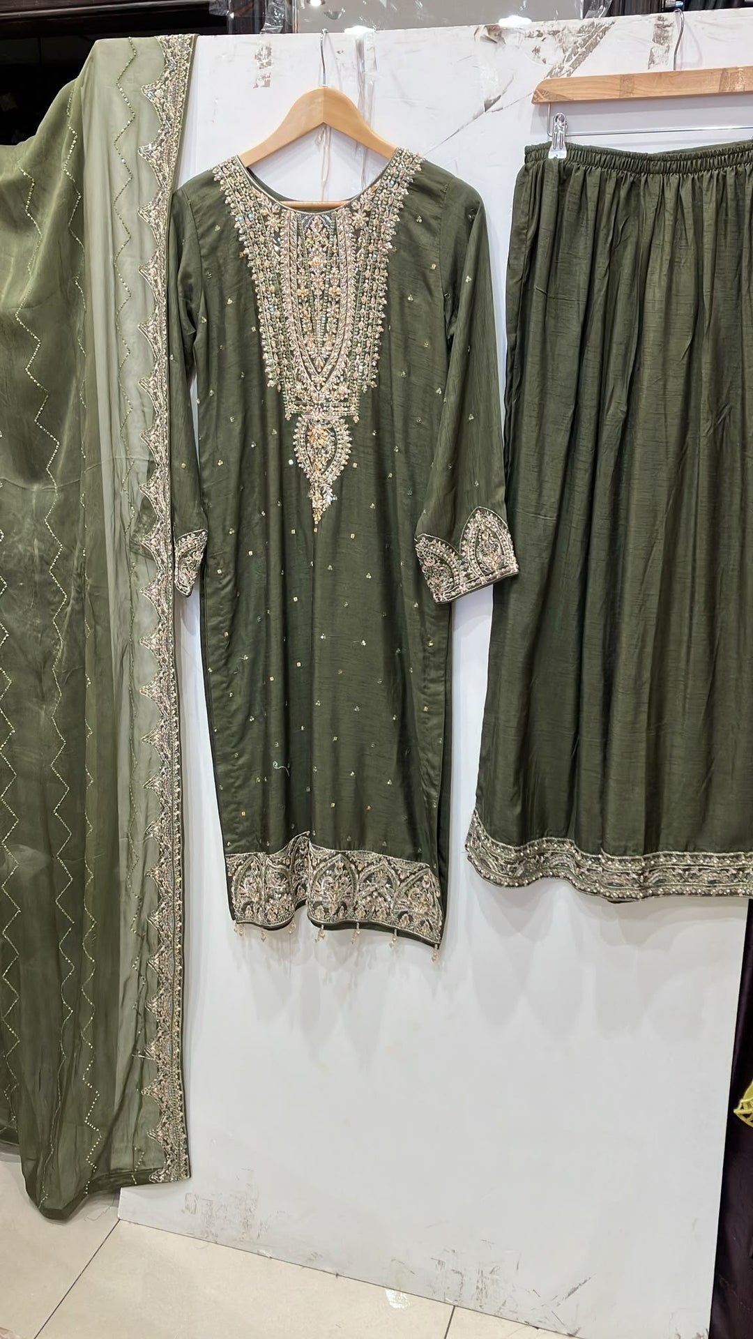364C- Green Embroidered Silk 3 Piece Suit
