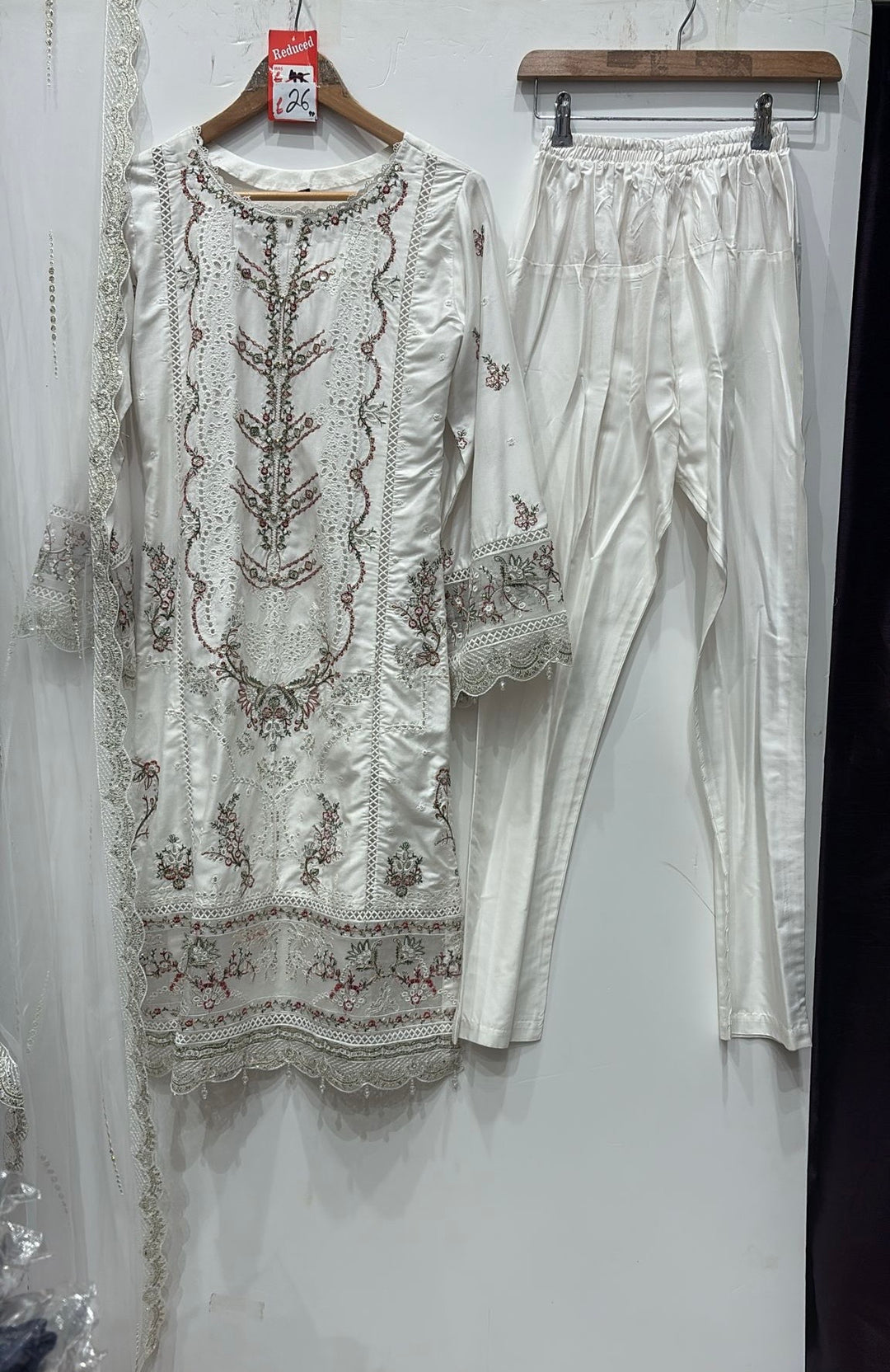 77D - Maria b inspired off-white Embroidered Cotton suit