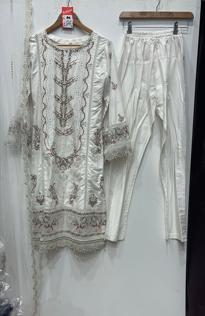 77D - Maria b inspired off-white Embroidered Cotton suit