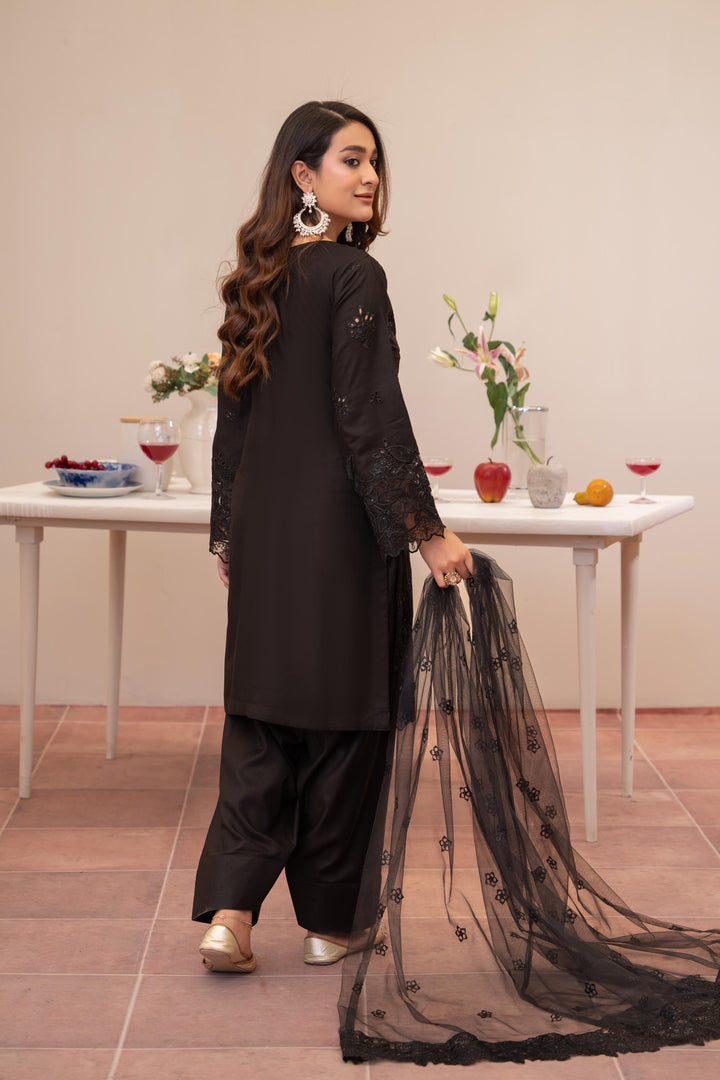 74K - Maria b inspired Black Farshi Shalwar Embroidered Linen suit