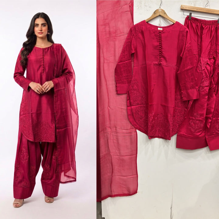 1113A - Pink Embroidered Viscose Farshi Shalwar 3 Piece suit