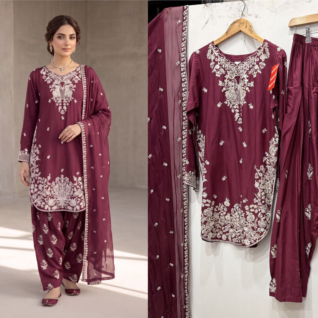 1128C - Plum Viscose Shirt with Farshi Shalwar & Chiffon Dupatta