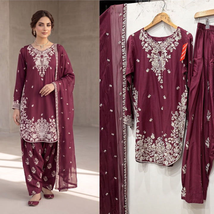1128C - Plum Viscose Shirt with Farshi Shalwar & Chiffon Dupatta