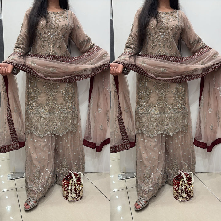 351B - PEACHY PINK NET EMBROIDERED SHARARA SUIT