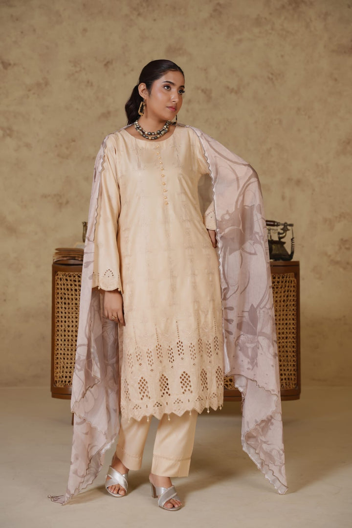 1167E- BEIGE LINEN CHIKANKARI 3 PIECE SUIT