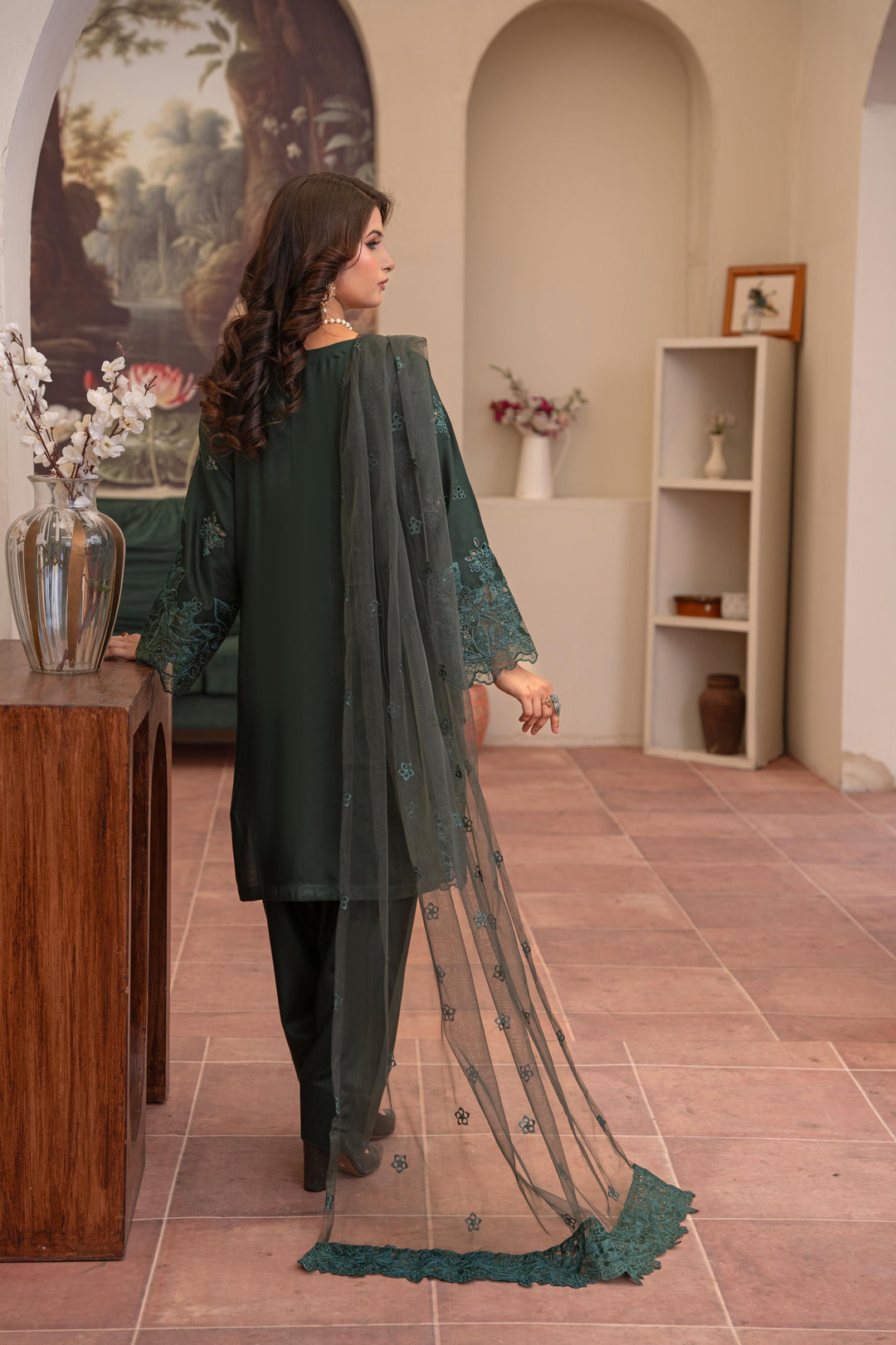 74M - Maria b inspired Green Farshi Shalwar Embroidered Linen suit