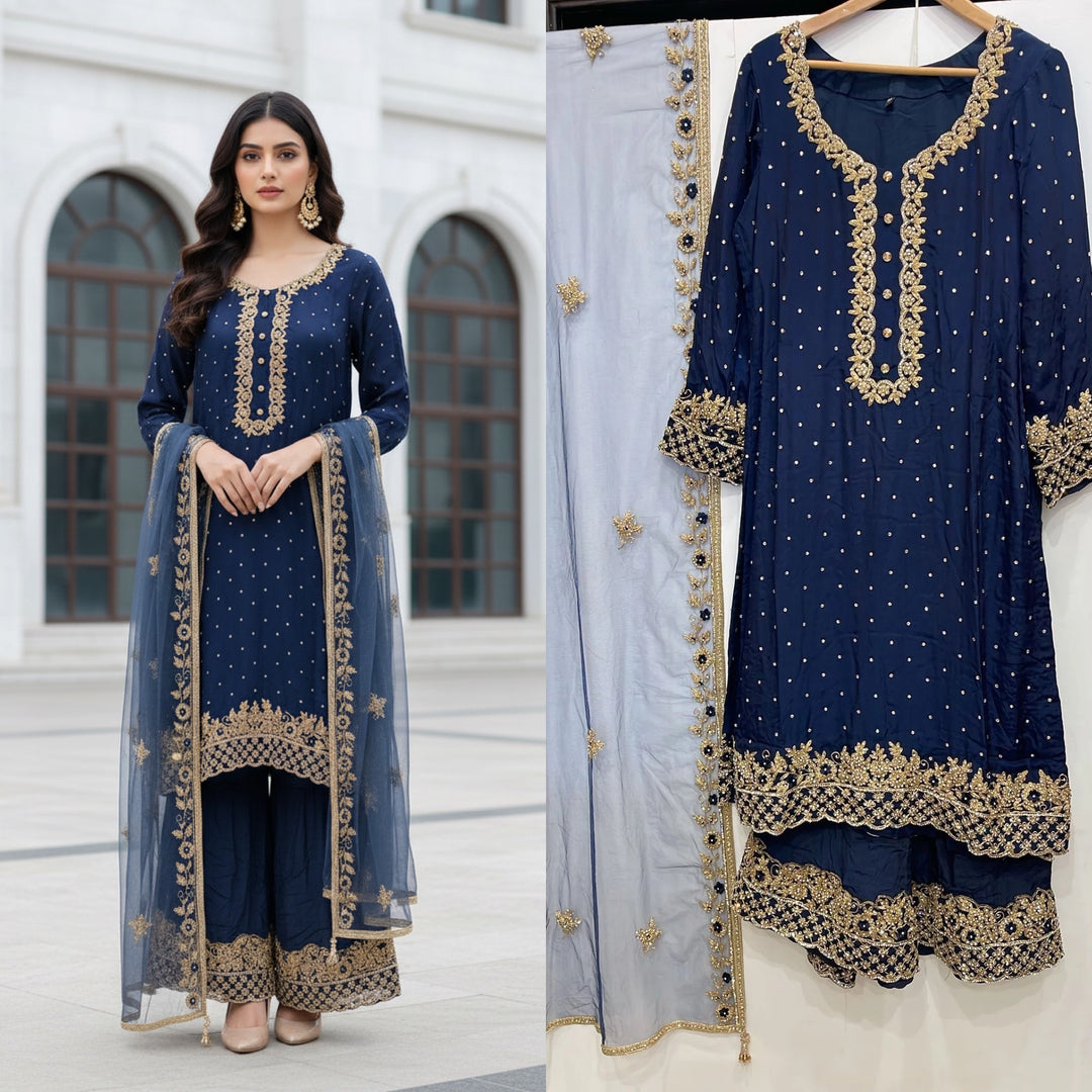 0142D- BLUE GEORGETTE FARSHI PALAZZO SUIT