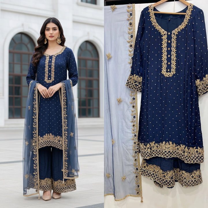 0142D- BLUE GEORGETTE FARSHI PALAZZO SUIT