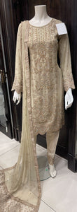 BEIGE EMBROIDERED CHIFFON 3 PIECE SUIT 357B