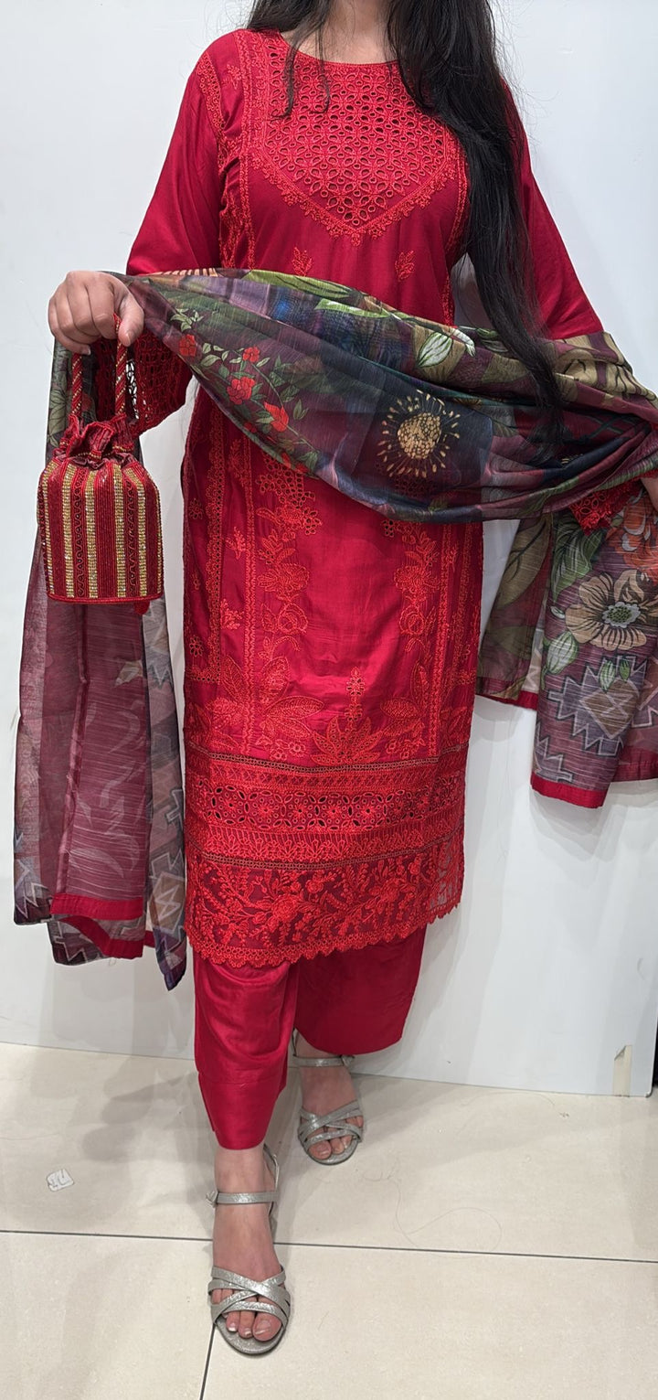 LP07C - RED EMBROIDERED LINEN 3 PIECE SUIT