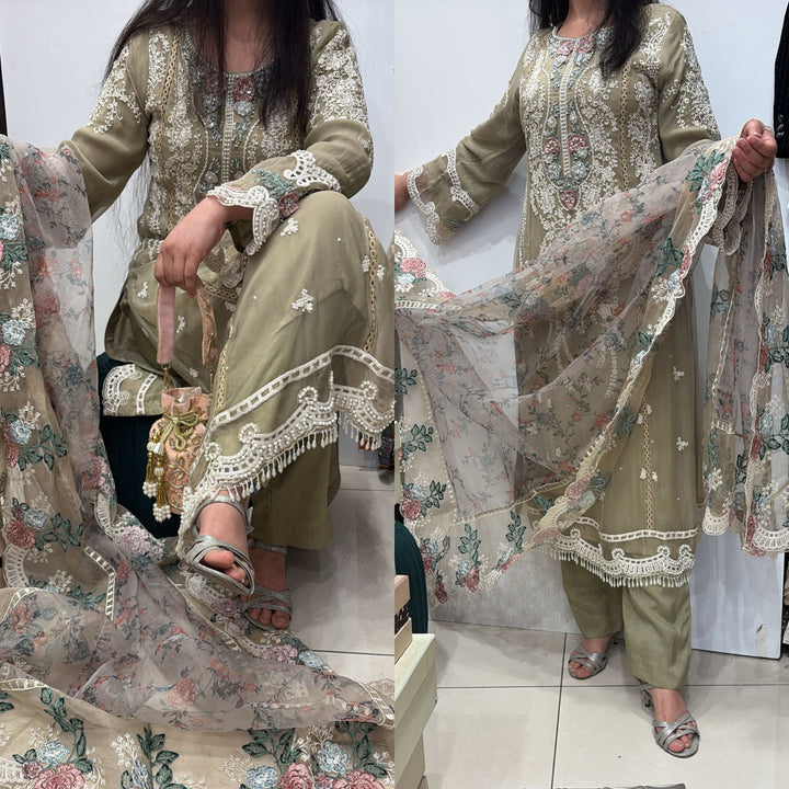 MINT GREEN EMBROIDERED CHIFFON 3 PIECE SUIT 228D