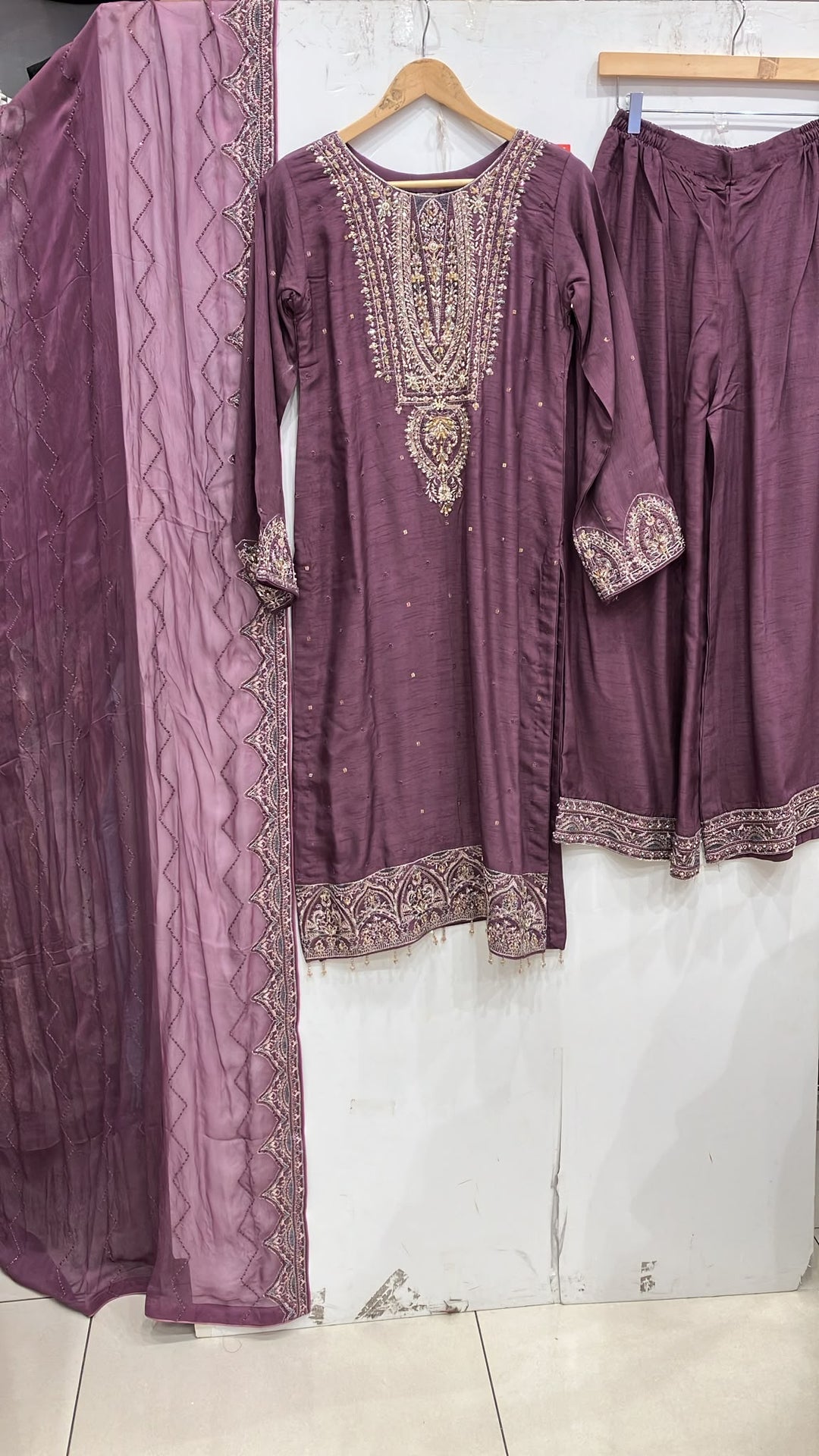 364B- Purple Embroidered Silk 3 Piece Suit