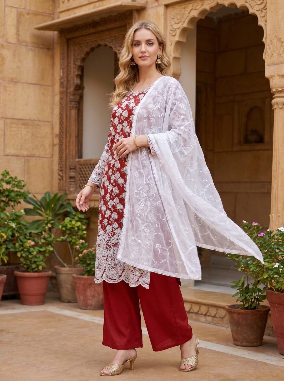 LK03 - RED EMBROIDERED LAWN PRINT 3 PIECE SUIT