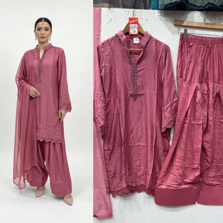 1116F - Dusty Rose Viscose Silk Shirt with Farshi Shalwar & Chiffon Dupatta - East meets west clothing 