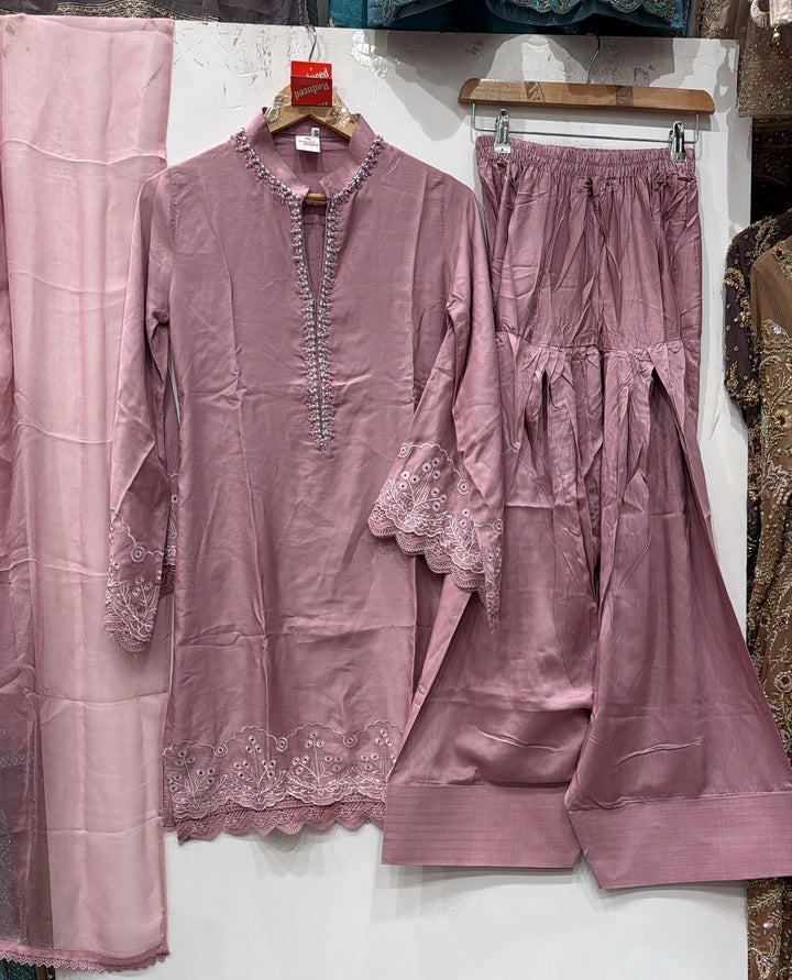 1116G - Muted purple Viscose Silk Shirt with Farshi Shalwar & Chiffon Dupatta - East meets west clothing 
