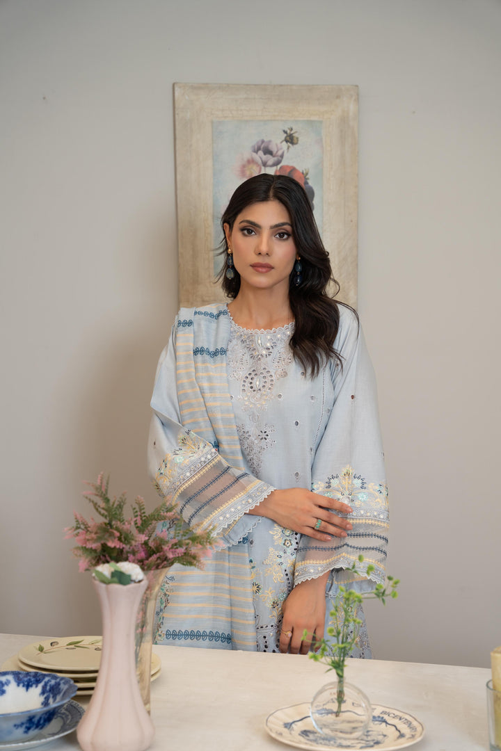 1142B - Light Blue Embroidered Linen 3 Piece suit