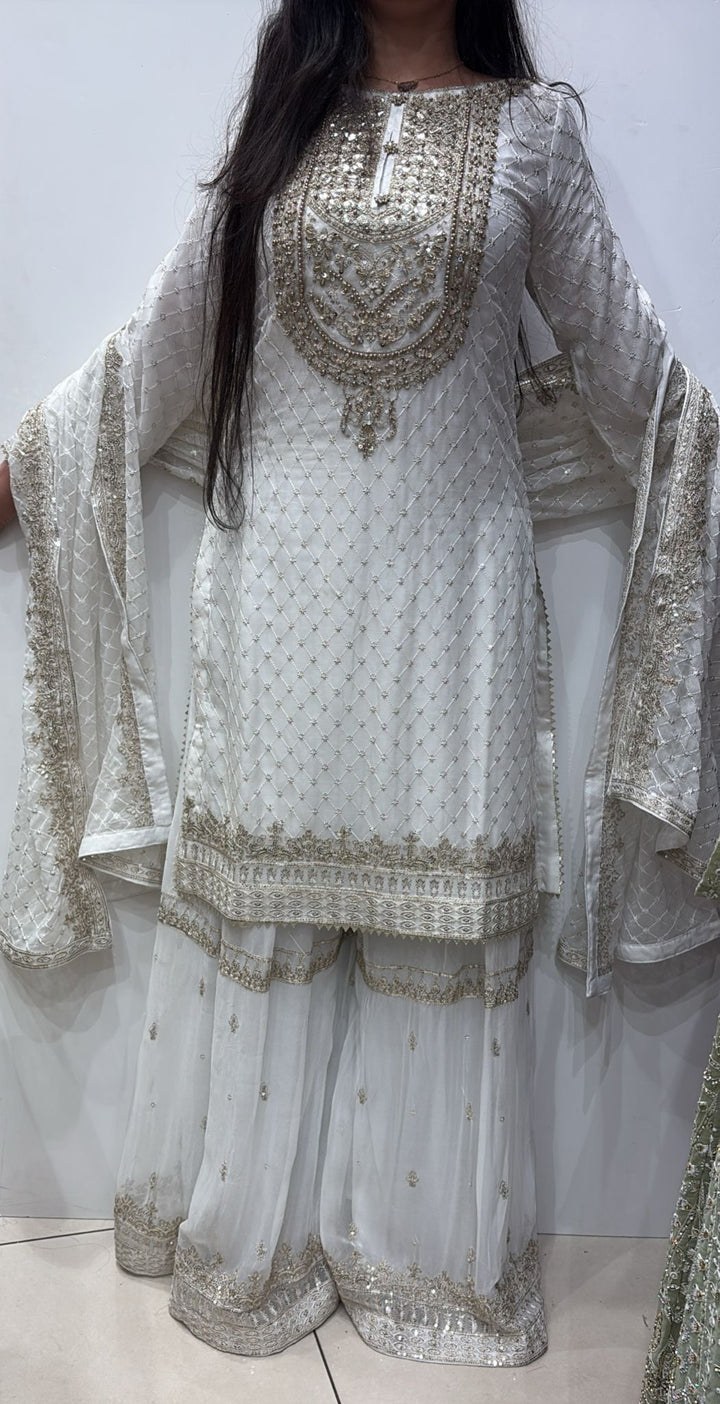 381B- OFF-WHITE CHIFFON EMBROIDERED SHARARA SUIT