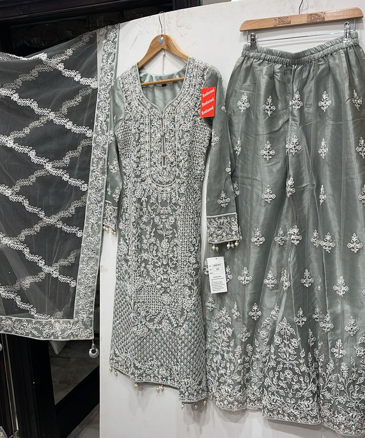 181A - GREY EMBROIDERED & EMBELLISHED NET SUIT