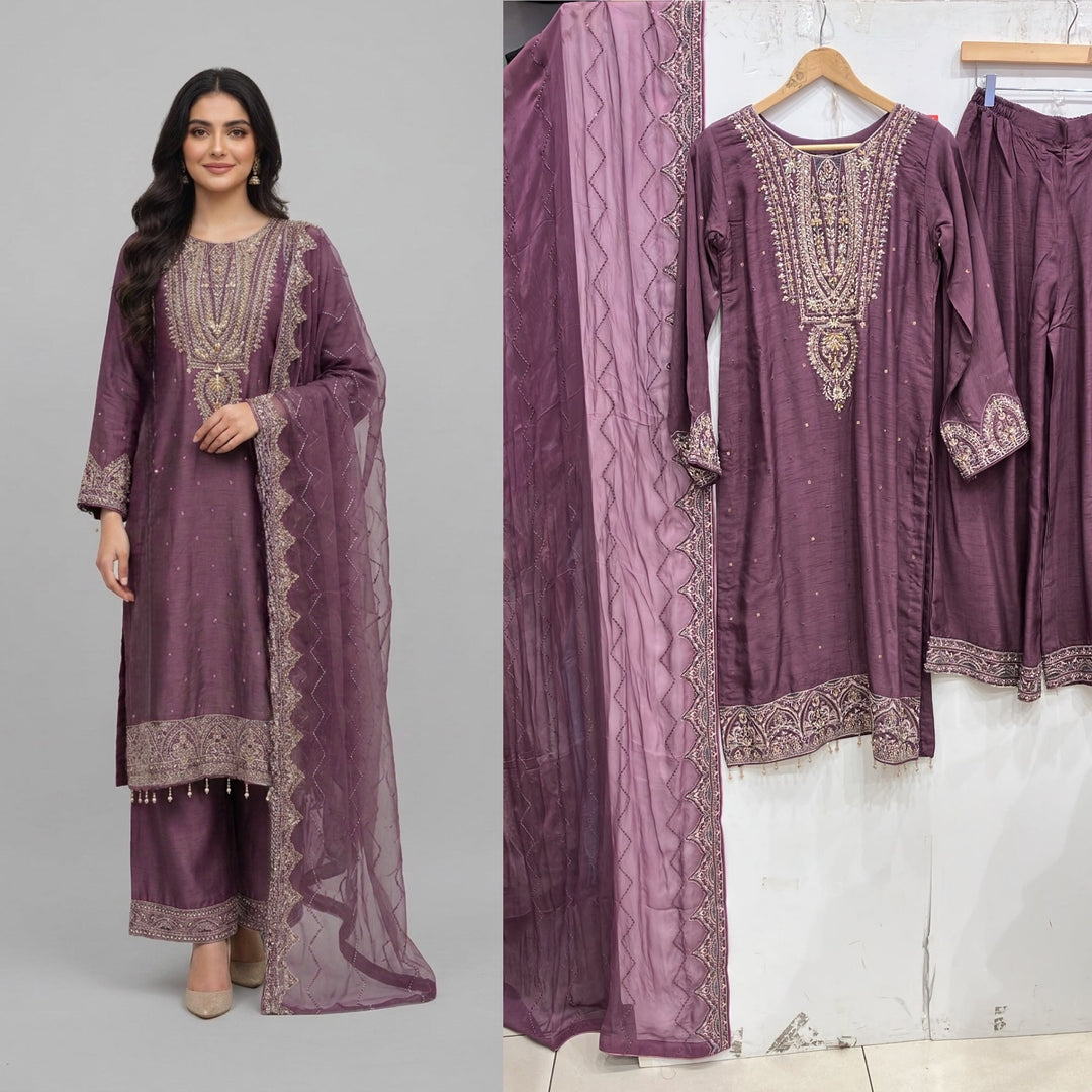 364B- Purple Embroidered Silk 3 Piece Suit