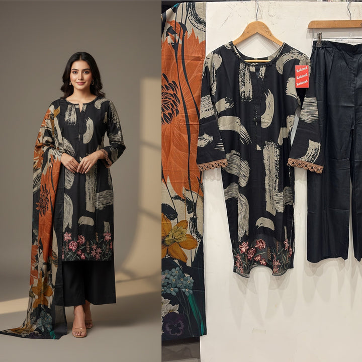 PL03 - EMBROIDERED LINEN PRINT 3 PIECE SUIT